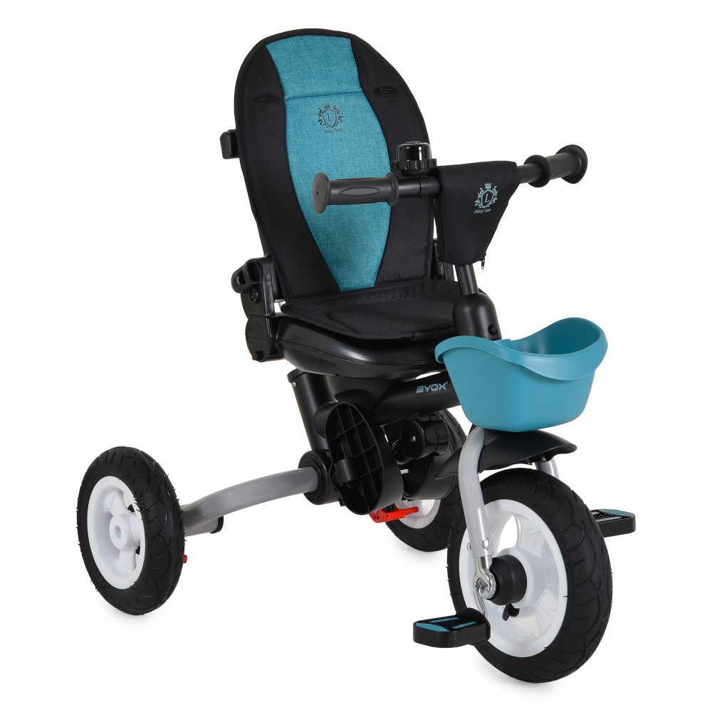7463000-1000x1000 | La Vie en Rose Three-wheeled children's tricycle with a teal padded seat, black frame, and a blue front seat/basket.