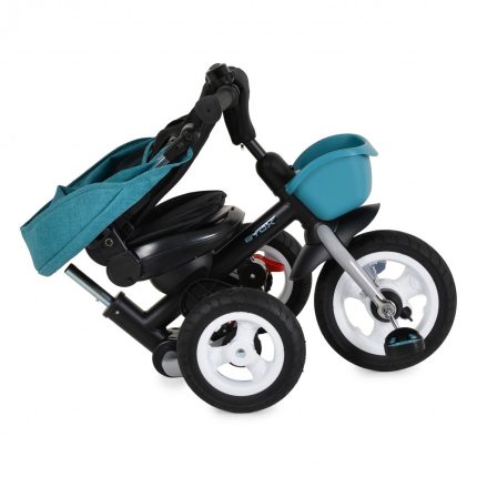 Three-wheeled foldable baby stroller with teal fabric seat and white wheels.