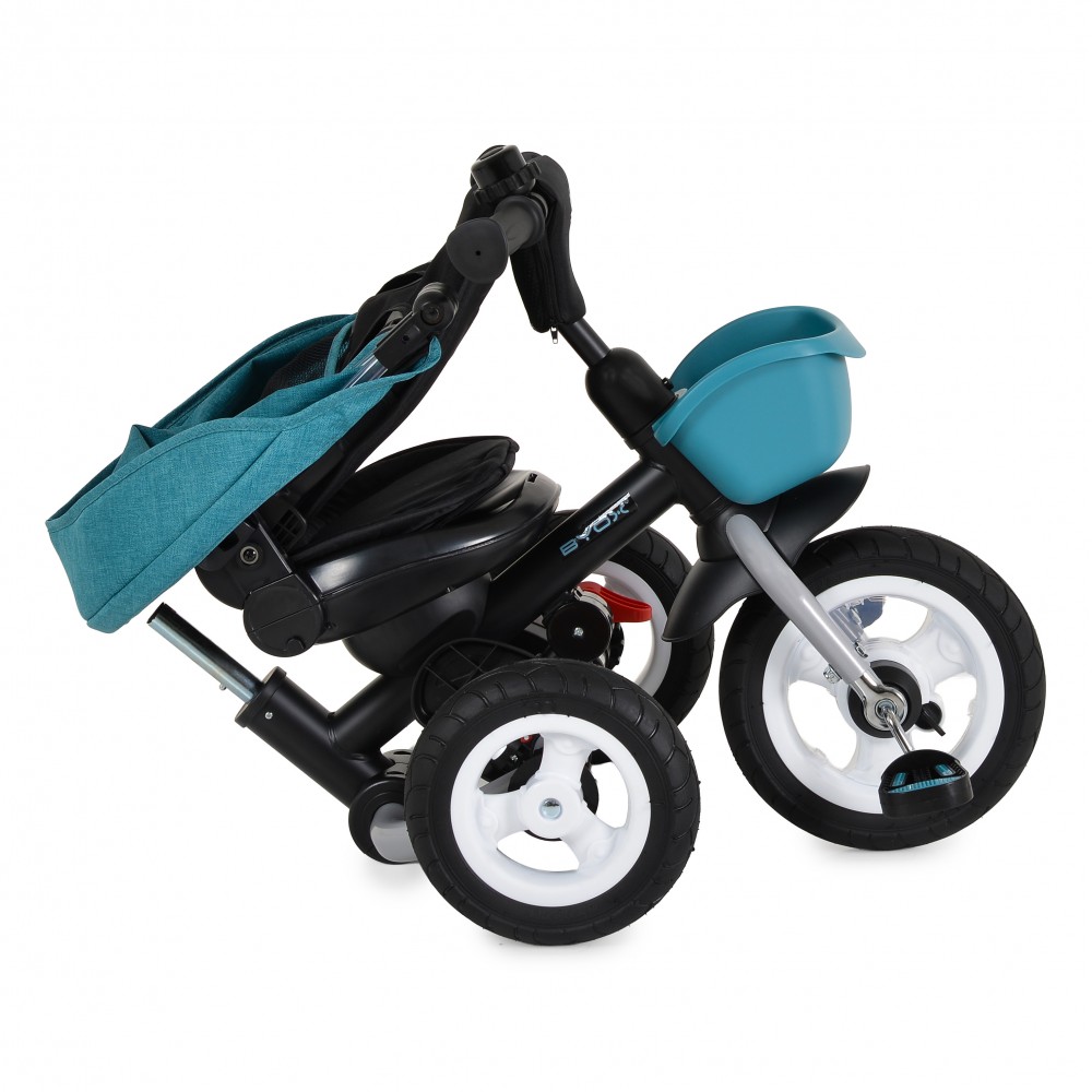 7463001-1000x1000 | La Vie en Rose Three-wheeled foldable baby stroller with teal fabric seat and white wheels.