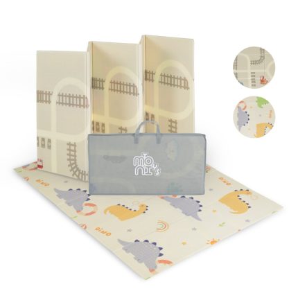 Dinosaur-themed interlocking foam floor mats with a light blue storage bag placed in front.