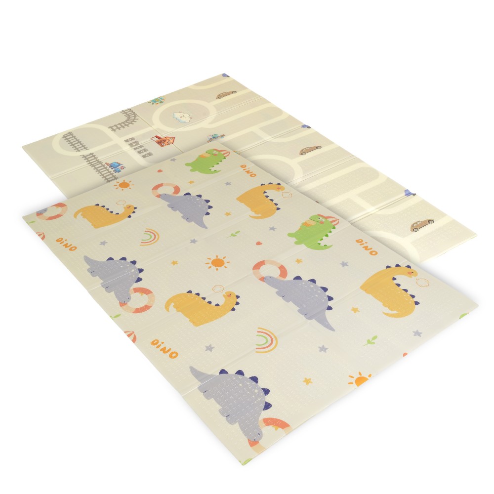 7463141-1000x1000 | La Vie en Rose Two pastel baby play mats with colorful dinosaur patterns laid on a white surface, shown in a folded arrangement.