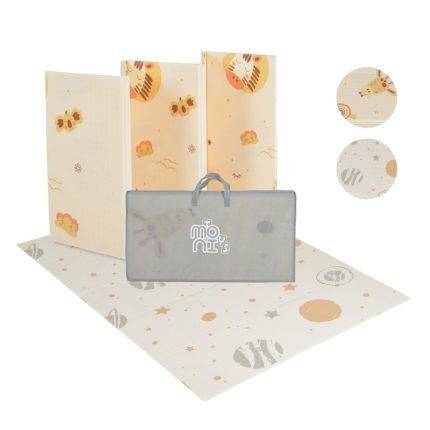 Foldable baby play mats with animal prints and a gray carrying bag, laid out for use on the floor.