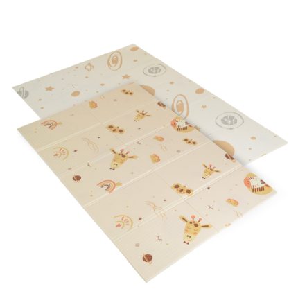 Three pale-yellow baby-themed napkins or wrapping sheets laid in a staggered stack, featuring cute animals (giraffes), rainbows, stars and planets in a grid pattern.