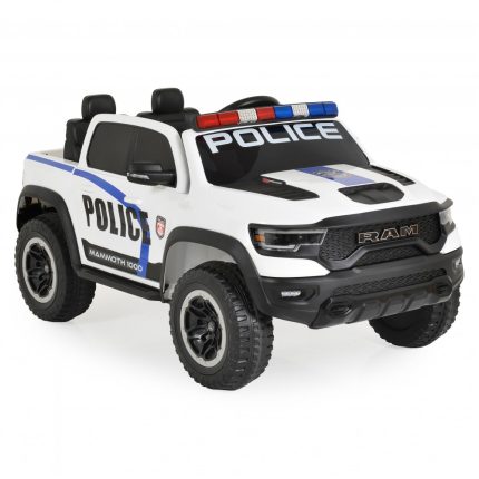 White toy police pickup with blue stripe and red/blue roof lights, open-top cabin, labeled POLICE on doors and hood edge, rugged tires