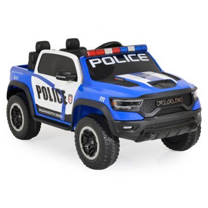 Blue and white toy police pickup truck with 'POLICE' decals, roof lights, and rugged off-road tires for kids