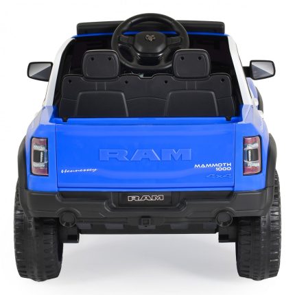 Blue toy RAM Mammoth 1000 children's ride-on car, rear view with visible steering wheel and two back seats.