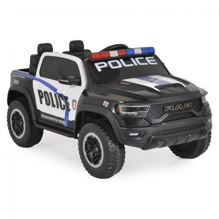 Child-sized toy police pickup truck with black and white styling, roof lights, and bold POLICE decals for kids' play