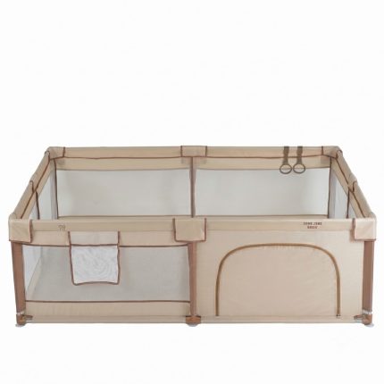 Beige baby playpen with mesh sides and oval zippered door, designed for portable indoor use