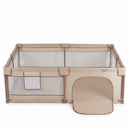Beige rectangular baby playpen with mesh sides and a fold-out top/bottom ramp gate on the right side.