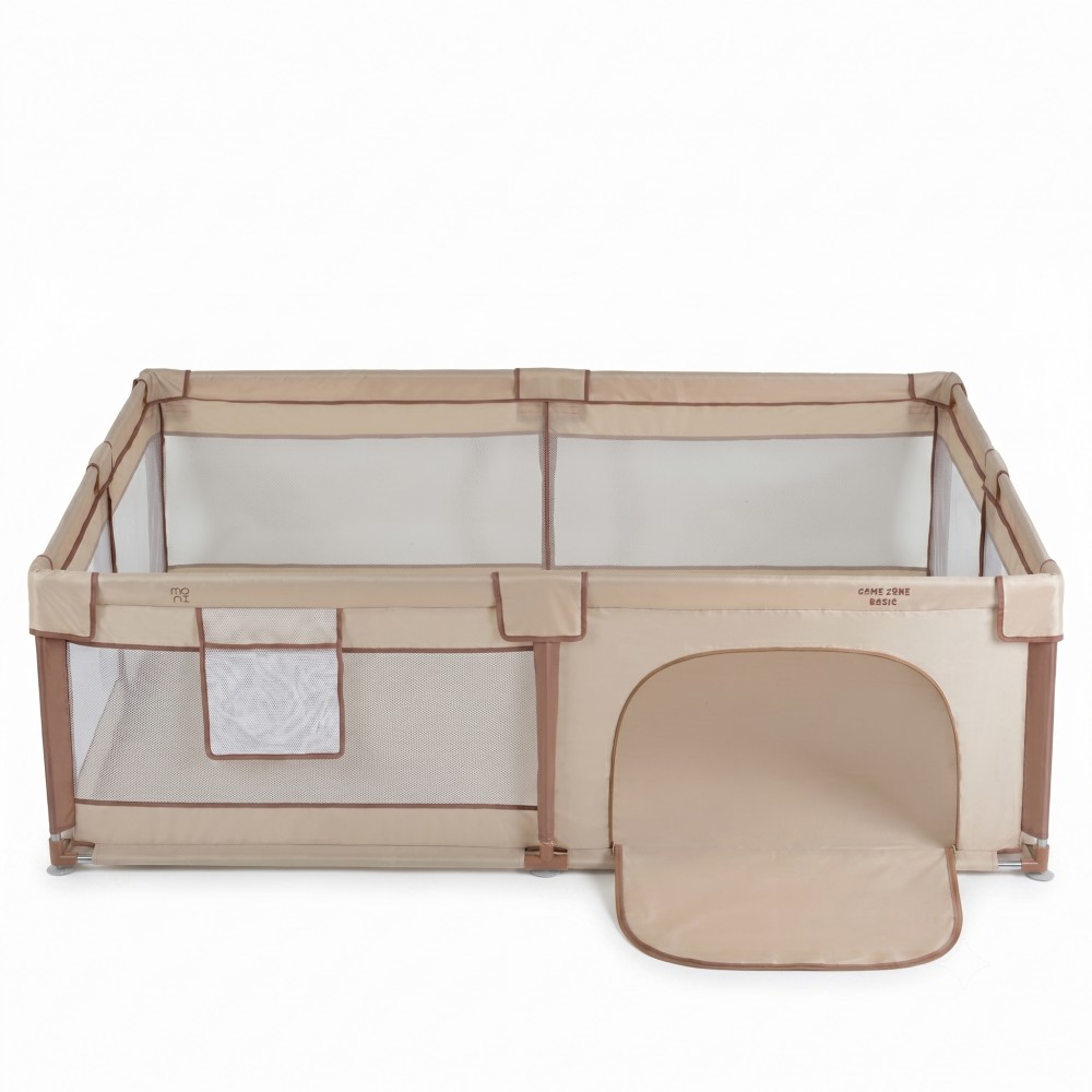 7463180-1000x1000 | La Vie en Rose Beige rectangular baby playpen with mesh sides and a fold-out top/bottom ramp gate on the right side.