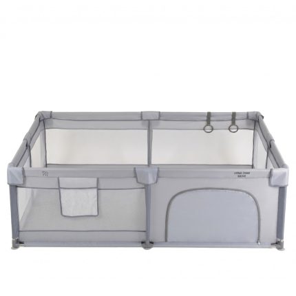 Gray portable baby play yard with mesh walls, large side pocket, and a curved zipper door on a white background, ready for use as a safe play area.
