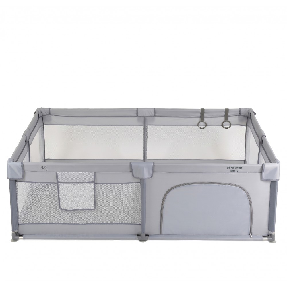 7463182-1000x1000w | La Vie en Rose Gray portable baby play yard with mesh walls, large side pocket, and a curved zipper door on a white background, ready for use as a safe play area.