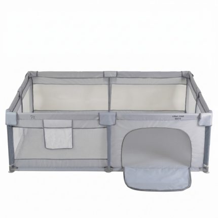 Gray rectangular portable baby play yard with mesh side panels for ventilation and visibility. Includes a side entry pocket and a large arched doorway with a fold-out ramp.