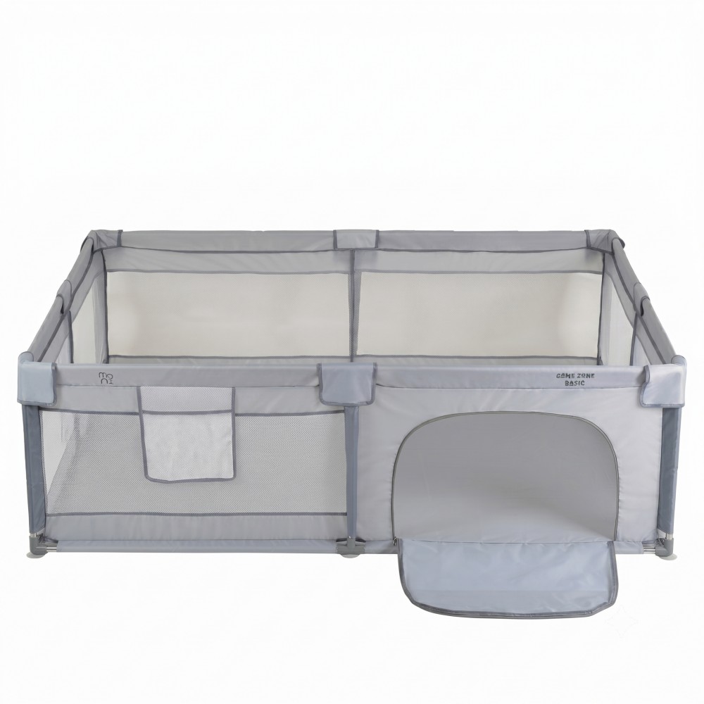 7463183-1000x1000 | La Vie en Rose Gray rectangular portable baby play yard with mesh side panels for ventilation and visibility. Includes a side entry pocket and a large arched doorway with a fold-out ramp.