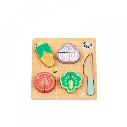 Wooden children's puzzle with colorful food shapes (corn, onion, tomato, broccoli) on a cutting board and a knife.