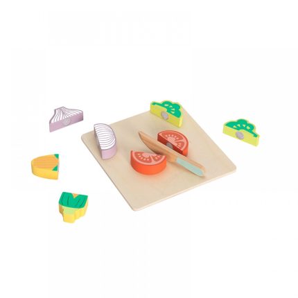 Toy wooden cutting board with colorful pretend fruit and vegetable pieces and a small wooden knife for kids' play cooking.
