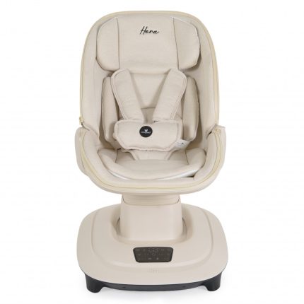 Beige infant car seat on its base with a padded five-point harness and head support labeled Hera (front view).