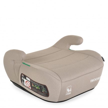 Beige child booster car seat with armrests and instructional label on the side, I-Size approved.