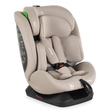 Beige child car seat with padded headrest and five-point harness mounted on a black base.