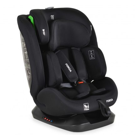 Black Forza i-Size child car seat with harness, head and side padding, mounted on a base with indicator lights on the base edge for installation guidance