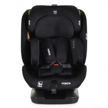 Black child car seat with five-point harness and thick side padding, labeled FORZA, mounted on a base.