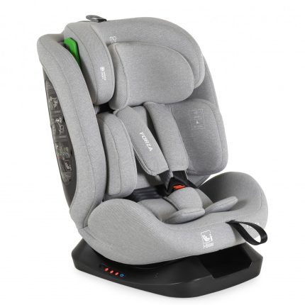Gray child car seat on a black base with padded headrest and five-point harness