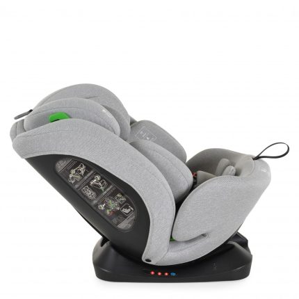 Grey infant car seat mounted on a black base, shown at an angle with side instruction panel visible