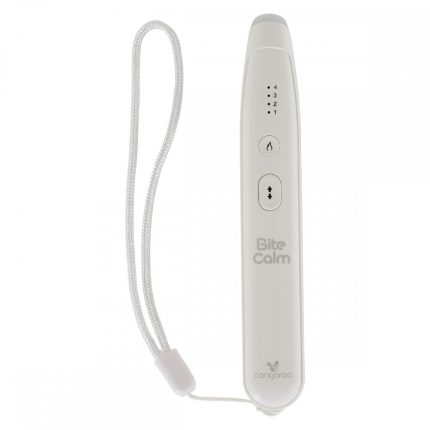 White Bite Calm handheld device with four indicator dots, a central flame button, up/down control, and a white lanyard.