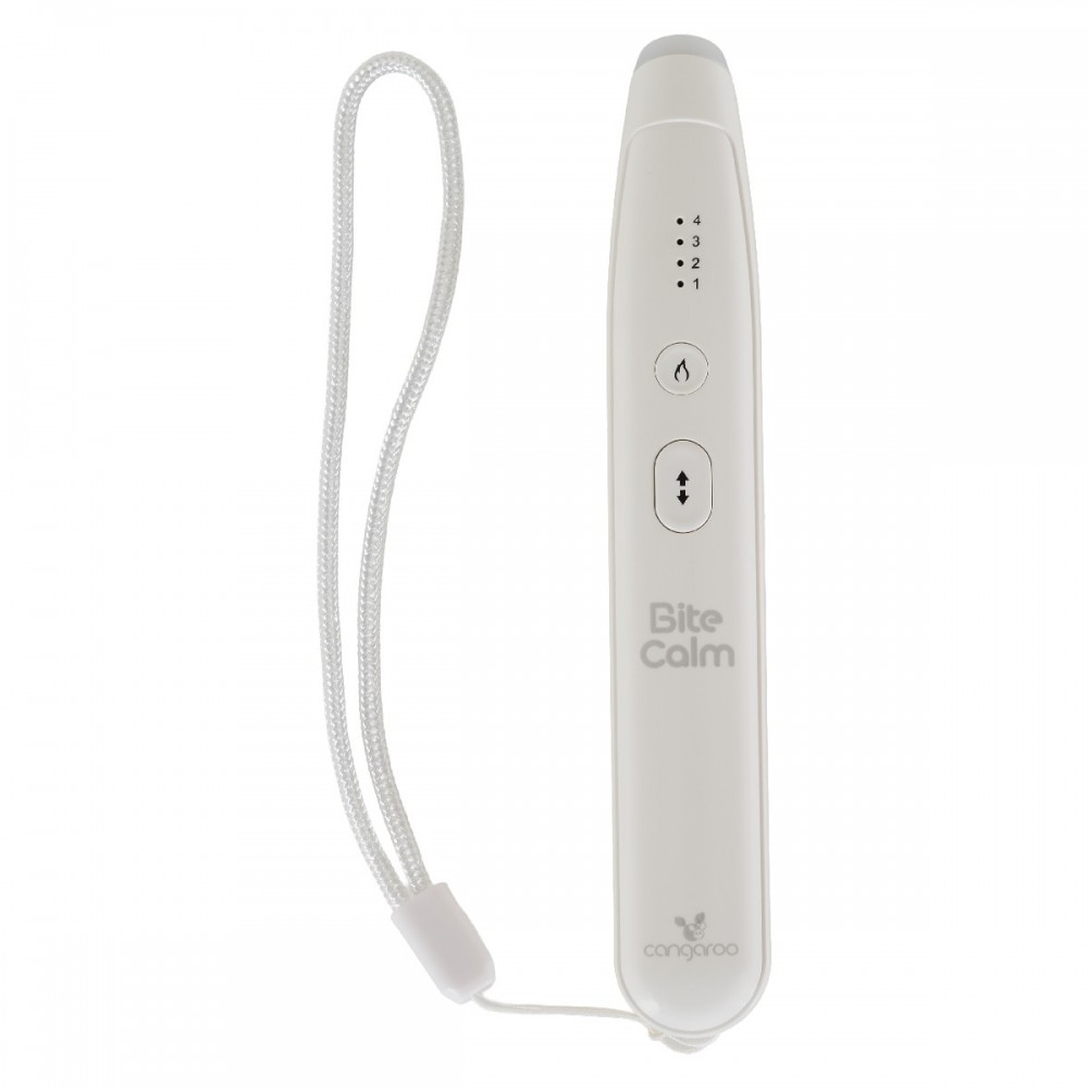 7463482-1000x1000 | La Vie en Rose White Bite Calm handheld device with four indicator dots, a central flame button, up/down control, and a white lanyard.