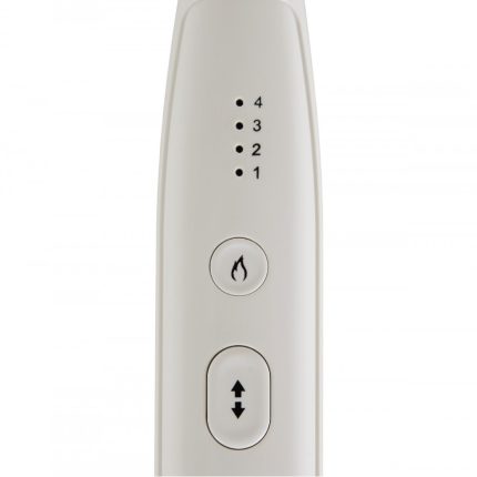 Control panel on a white device showing heat levels 1–4, a flame button, and an up/down switch.