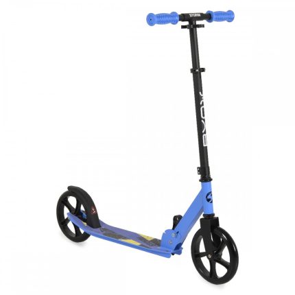 Blue three‑wheel kick scooter with a black adjustable T-bar and blue grip handles, standing on a white background.
