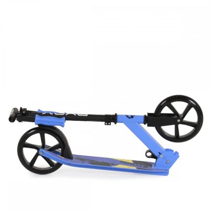 Folded blue kick scooter with black wheels, stored for compact transport on a white background.