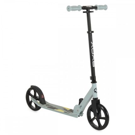 Side view of a three-wheel kick scooter with a tall black stem, light blue grips, and a gray deck.