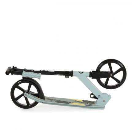Folded light-blue kick scooter with large black wheels, handlebars tucked in for storage on a white background.