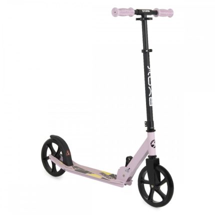 Pink kids' kick scooter with black stem, pink handlebars, and pink deck with a small front-wheel cover set on a white background.