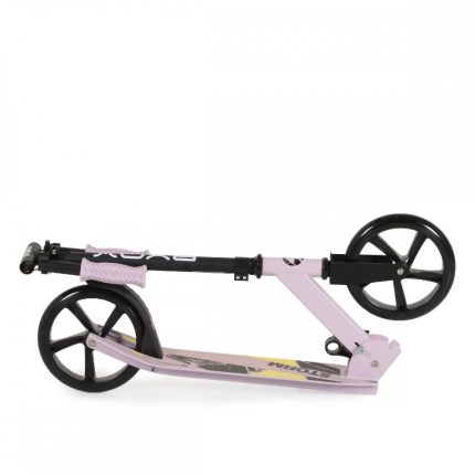 Folded pink children's kick scooter with black wheels, folded for compact storage.