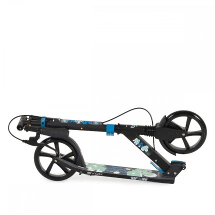 Folded kick scooter with black frame, blue accents, and large front and rear wheels, ready to carry or store