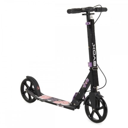 Black adjustable kids' kick scooter with purple accents, a decorated deck, and two large wheels (front and rear).