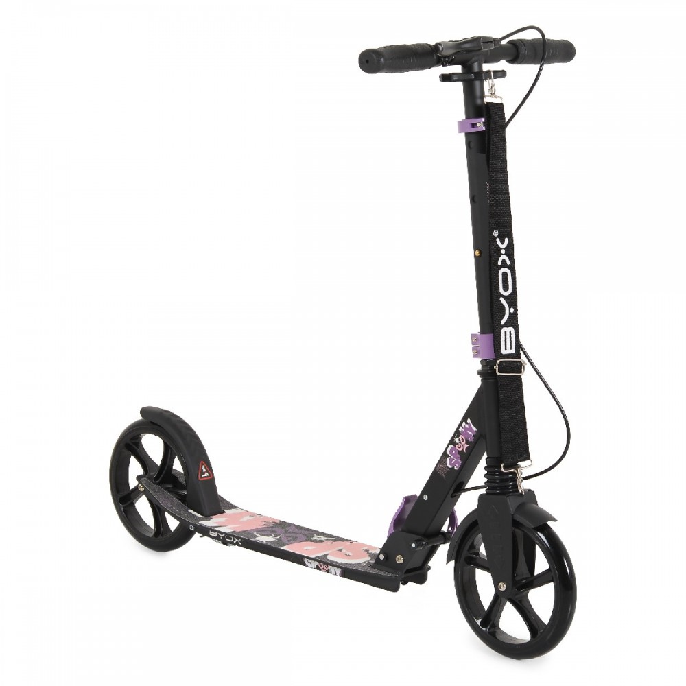 7463497-1000x1000 | La Vie en Rose Black adjustable kids' kick scooter with purple accents, a decorated deck, and two large wheels (front and rear).