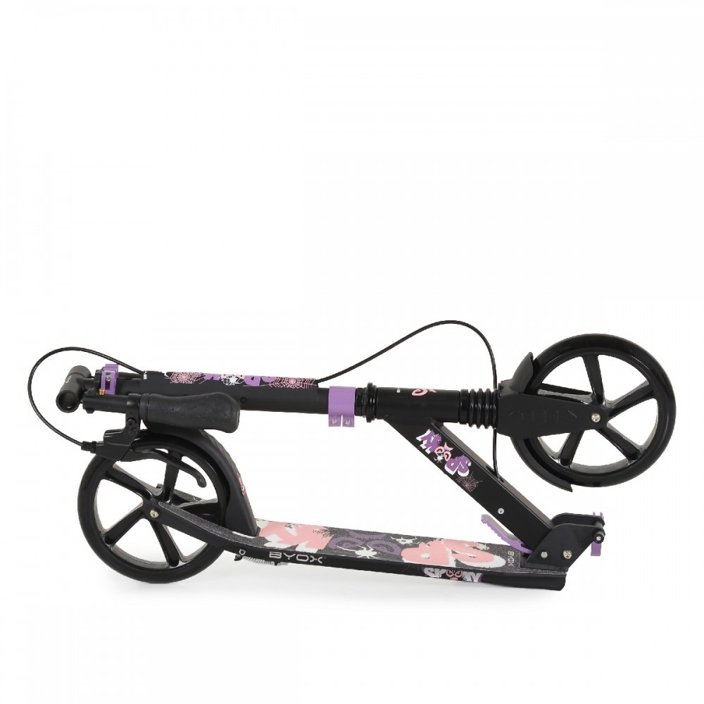 7463498-1000x1000 | La Vie en Rose Folded two-wheel kick scooter with a black frame, purple accents and a pink/graphic deck, compact for storage and transport.