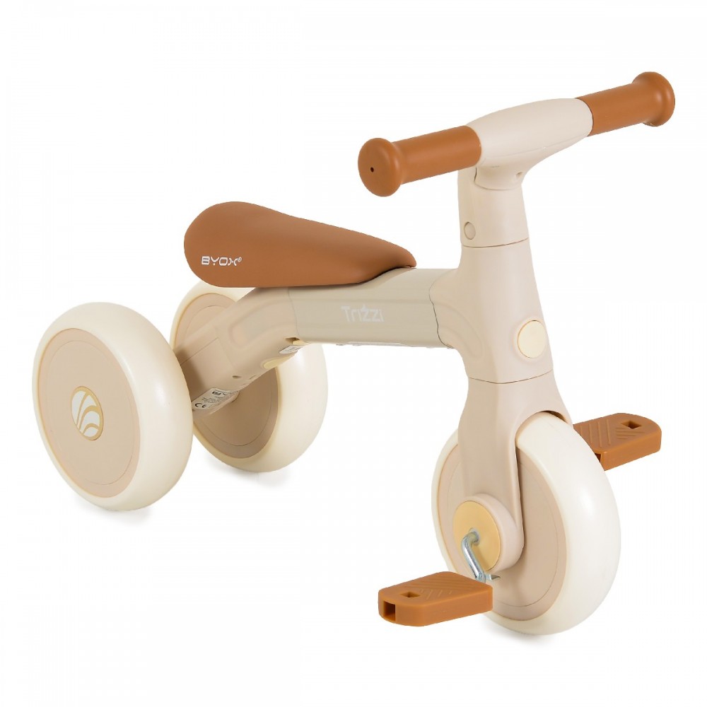 7463563-1000x1000 | La Vie en Rose Three-wheeled toddler tricycle in beige and brown with a brown saddle, brown handle grips, and pedals on the front wheel.