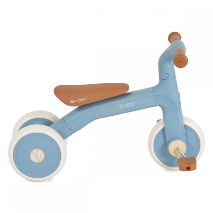 Blue toddler balance bike with brown seat and white wheels, three-wheel design for early riding.