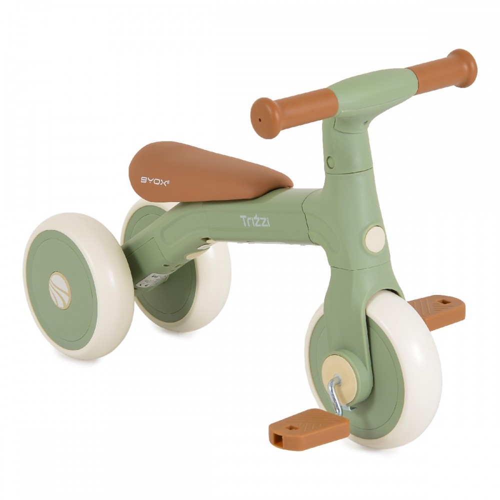 7463569-1000x1000 | La Vie en Rose Small three-wheeled children's bike with a green frame, brown seat and handlebars, and white wheels with beige accents.