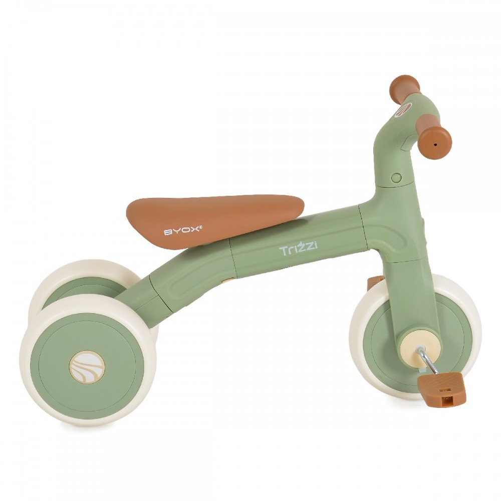7463570-1000x1000 | La Vie en Rose Toddler tricycle in sage green with brown seat and brown handlebars, three white-rimmed wheels, simple ride-on toy