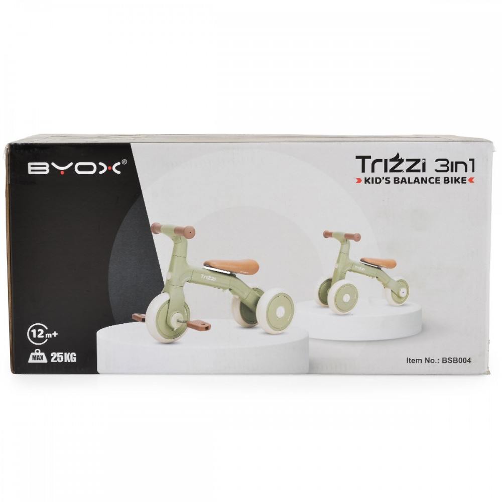 7463571-1000x1000 | La Vie en Rose Box for Trizzi 3in1 Kid's Balance Bike, showing two green balance bikes with brown seats and handles on a white display stand, item no. BSB004, 12m+ up to 25 kg