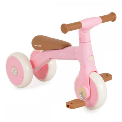 Pink toddler tricycle with three wheels, brown seat and brown handlebars, designed for young children to learn balance and steering.