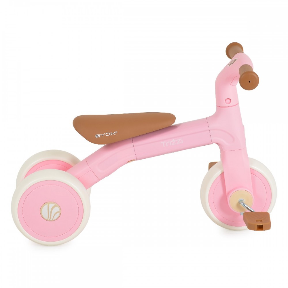 7463573-1000x1000 | La Vie en Rose Pink kids' balance bike with brown seat and brown handlebars, three white wheels with pink rims, labeled Trizzi on the frame.
