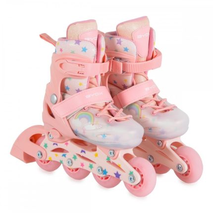 Pink kids' adjustable roller skates with rainbow and star patterns, four wheels each, soft padded cuffs and straps for beginners
