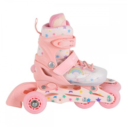 Pink kids' roller skate with star-pattern fabric, a pink buckle strap, and four pastel wheels featuring a rainbow and star design, for children.