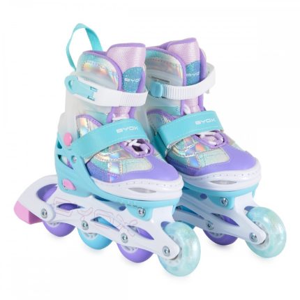 Children's pastel purple and turquoise inline skates with white frames and pink accents, featuring two velcro straps and a back pull loop for easy wearing.